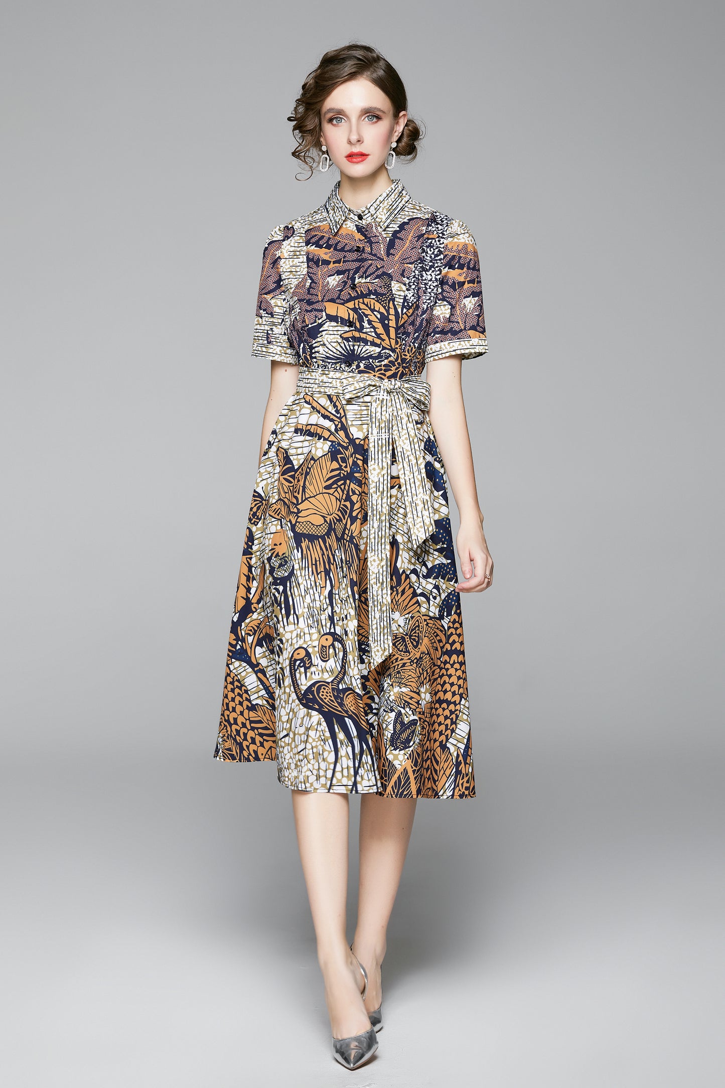 SSY-Women's Short Sleeve Floral Print Button Midi Dress