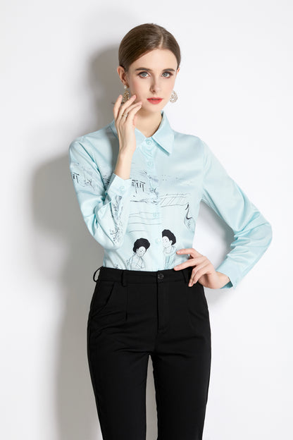 ESY-Women's Long Sleeve Lapel Collar Print Button Blouse