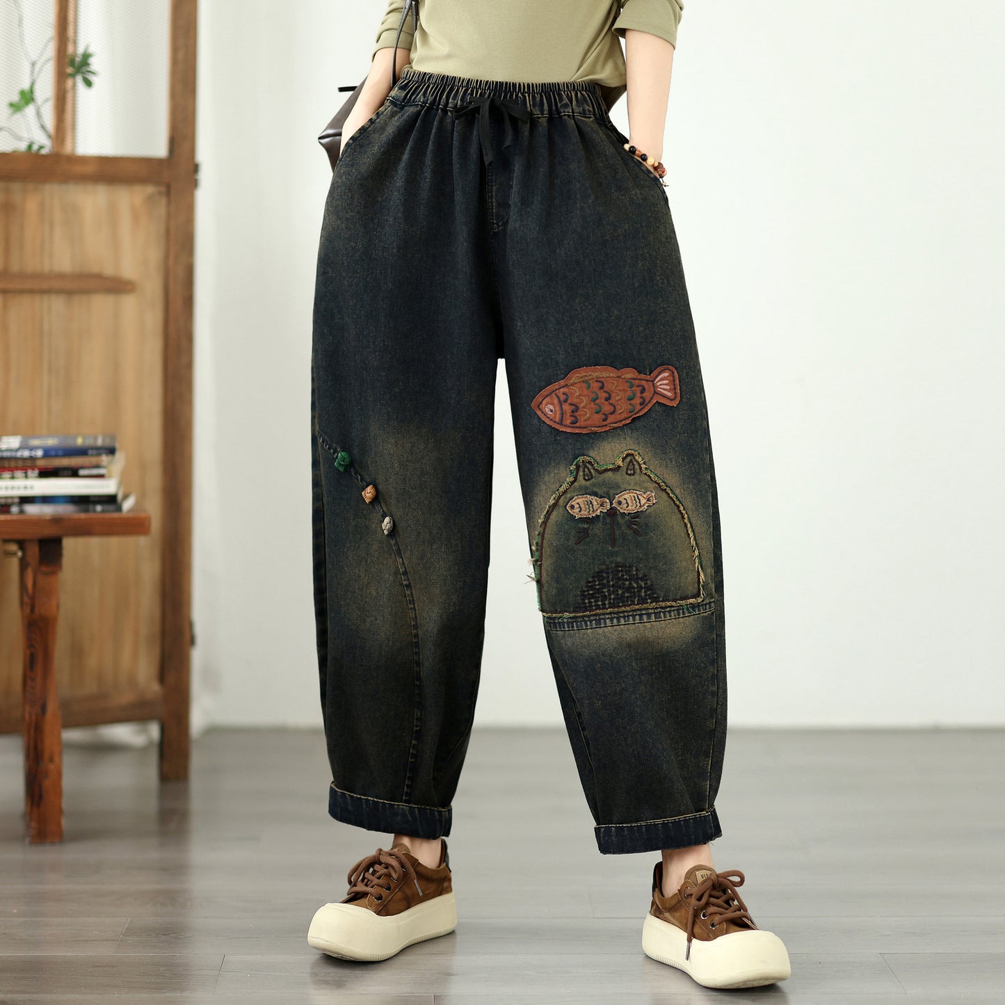 Vintage Denim Harem Pants with Fish Embroidery