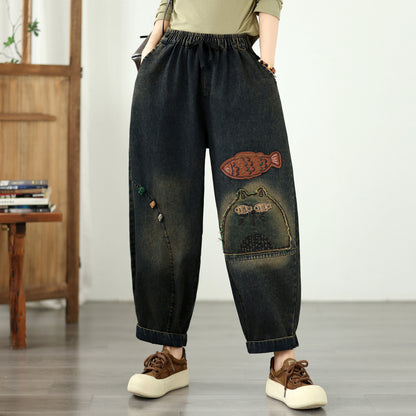 Vintage Denim Harem Pants with Fish Embroidery