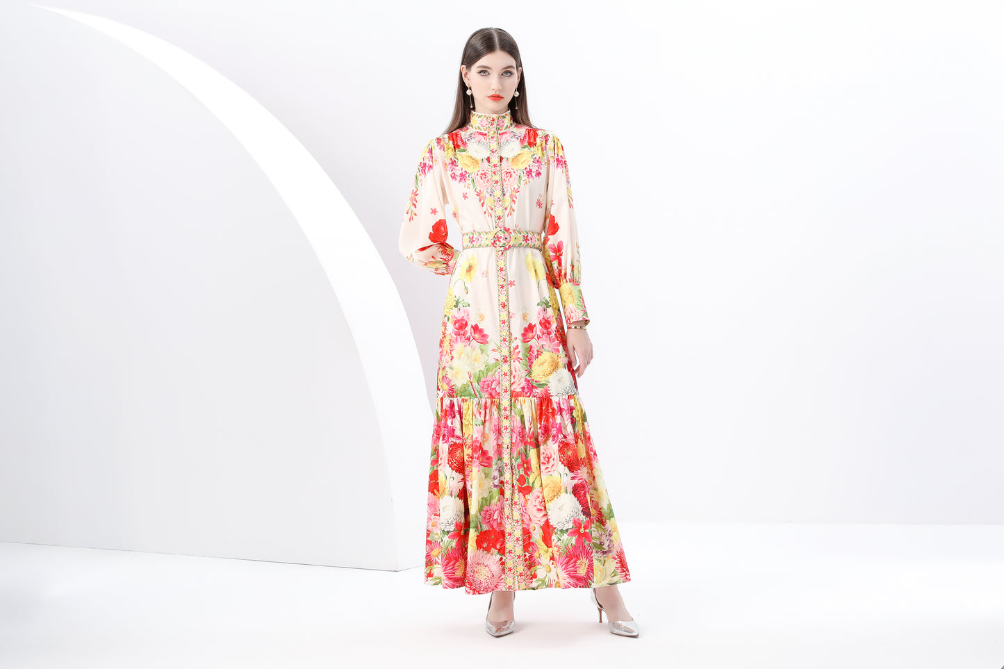 Women's Puff Sleeve Button Floral Pring Maxi Dress