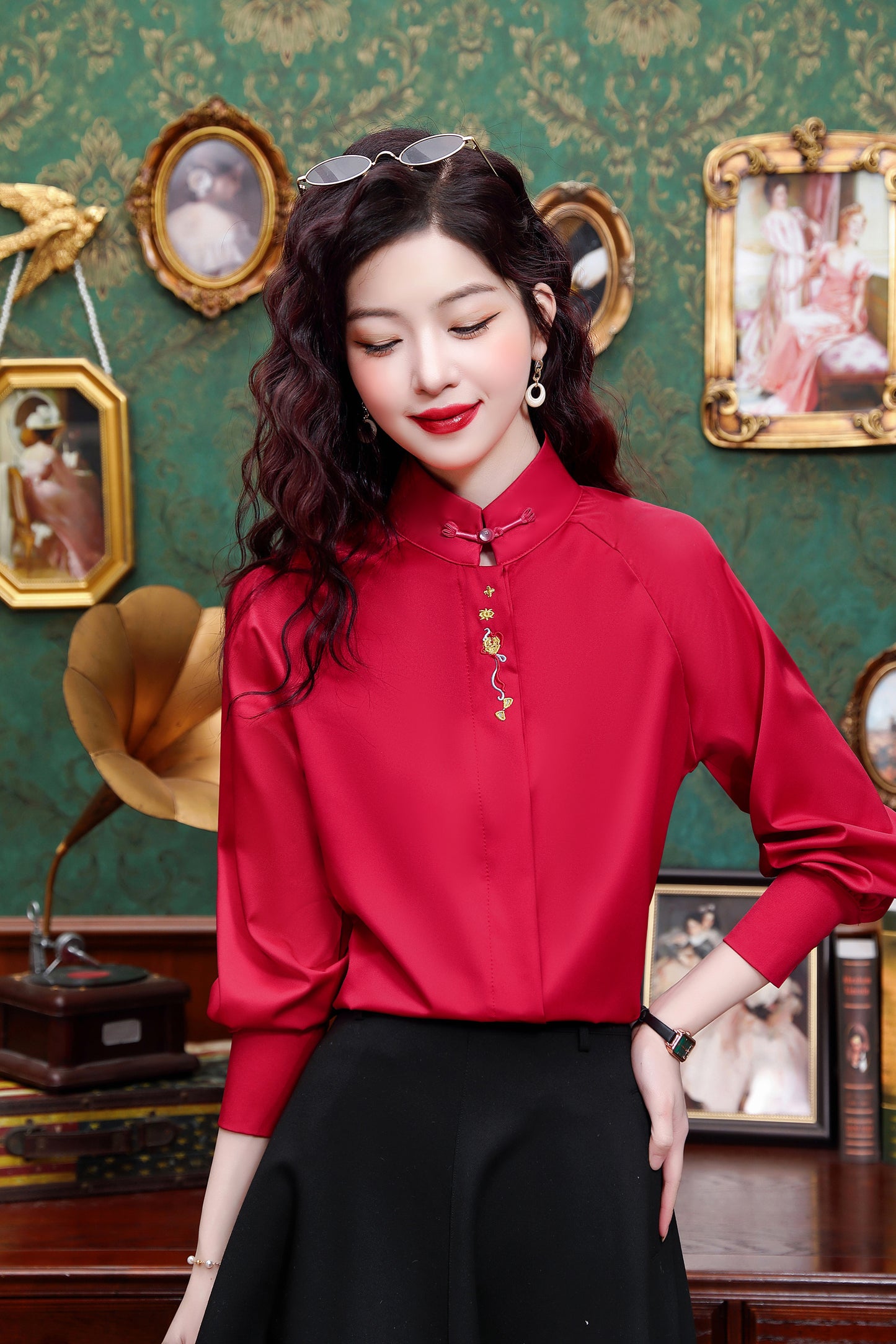 Women's Silk Satin Jacquard Long Sleeve Blouses