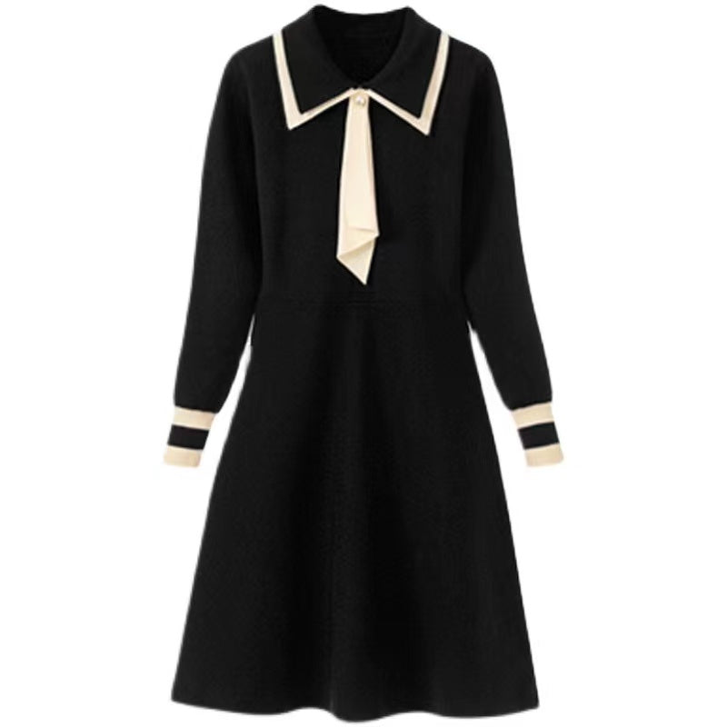 Chic Contrast Collar Knit Dress – Timeless Preppy Elegance