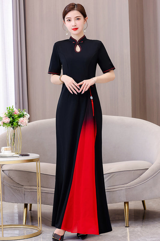 Women's Cheongsam Short Sleeve Qipao Long Dress