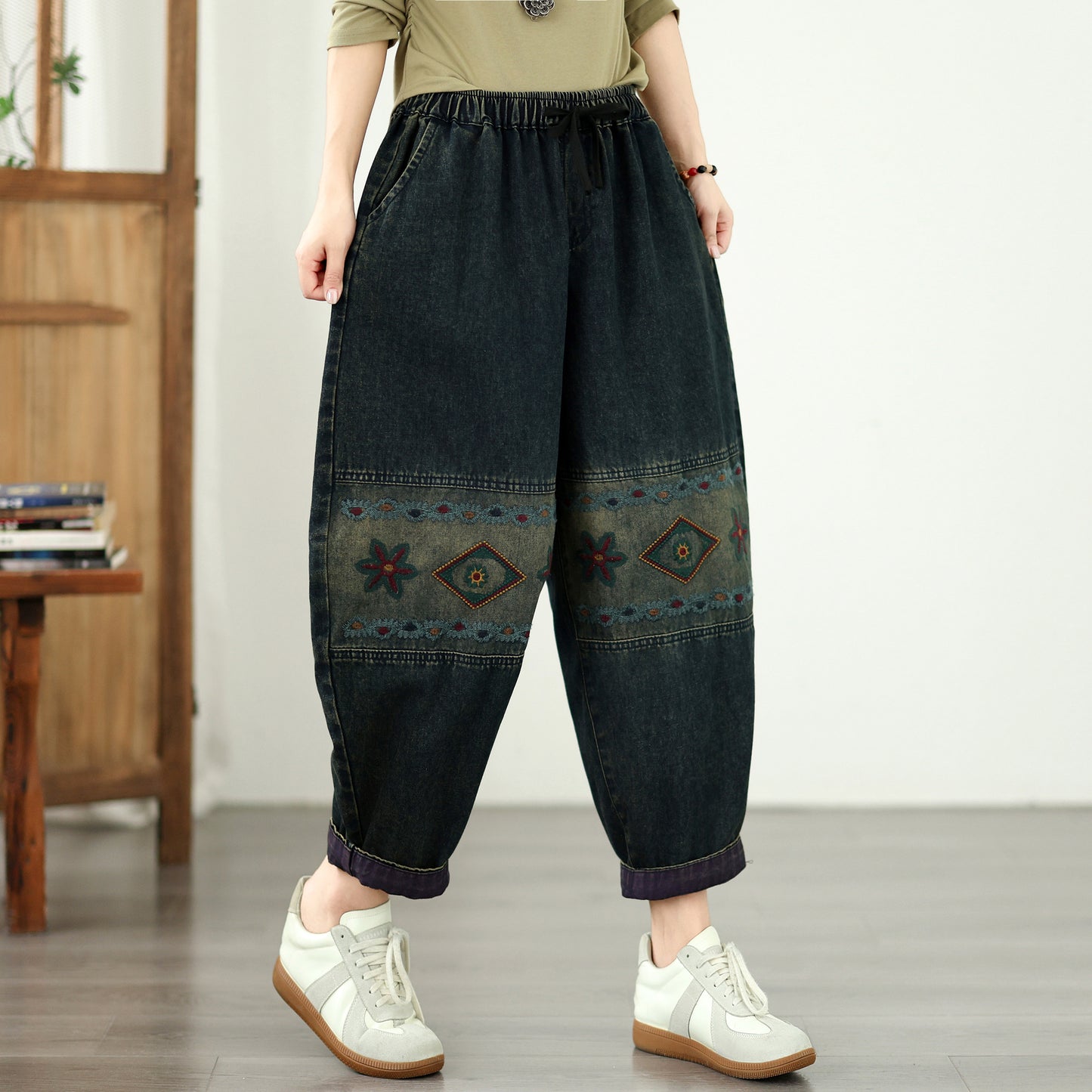 Vintage Ethnic Embroidered Denim Harem Pants