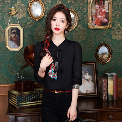 Women's Silk Satin Top Embroidered  Jacquard Shirt