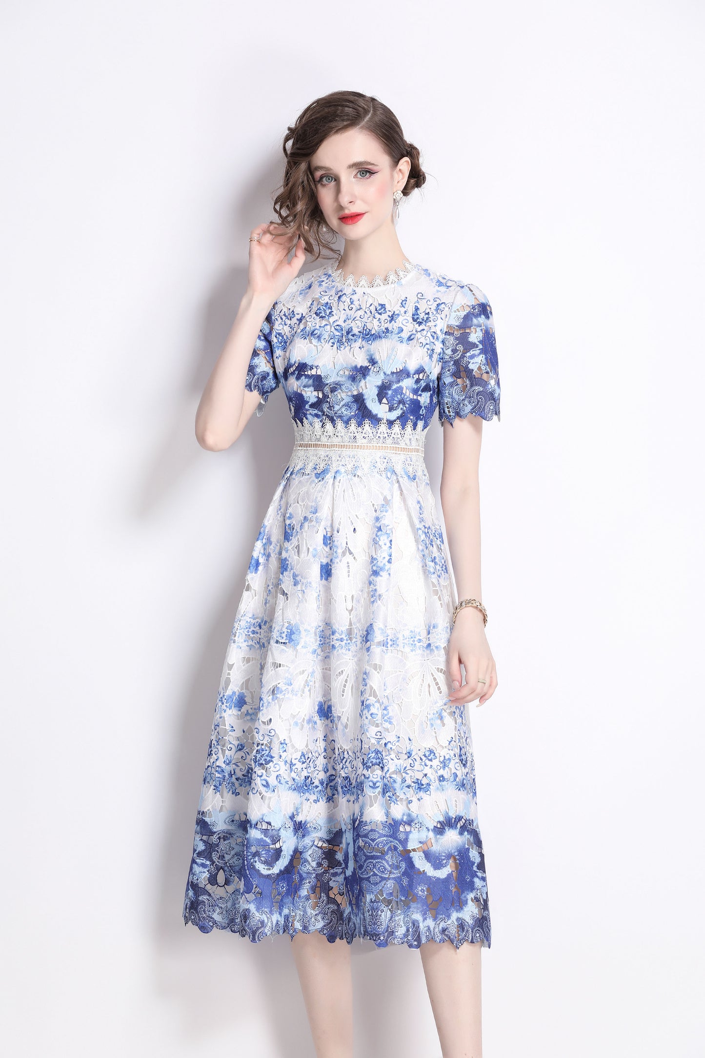 Women's Lace Floral Short Sleeve Crochet Waist Cocktail Midi Dress