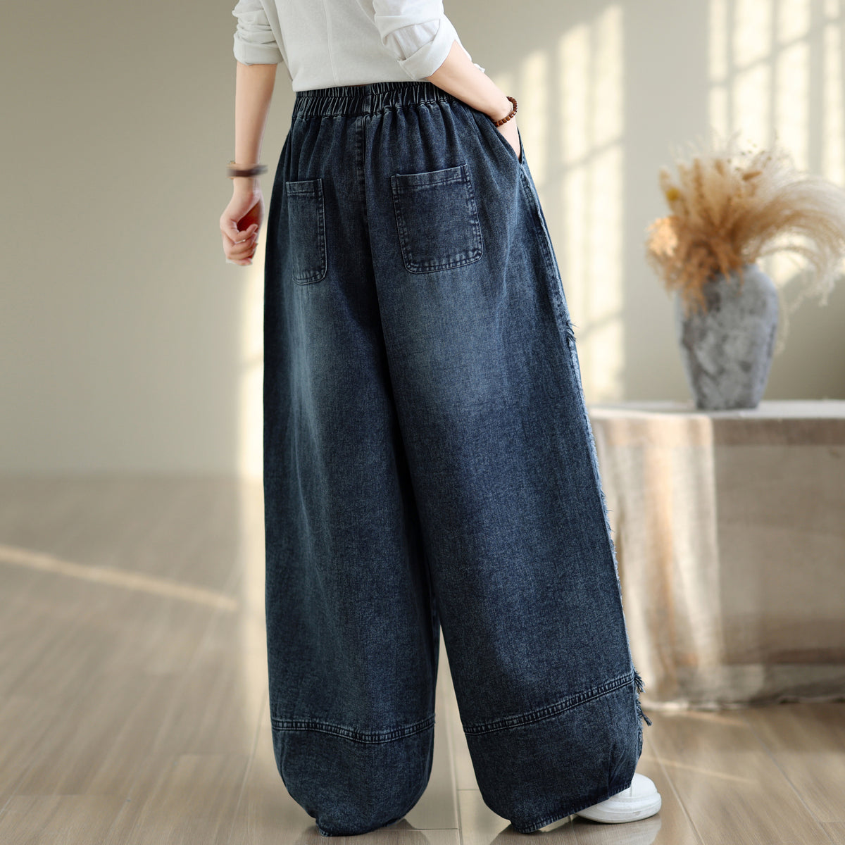 28669-Vintage Denim Wide-Leg Pants with Frayed Hem & Elastic Waist