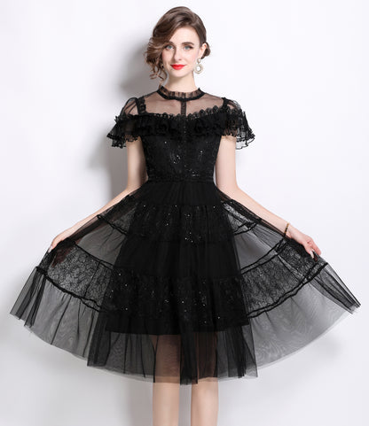 Sequin Lace Ruffle Midi Dress – Black