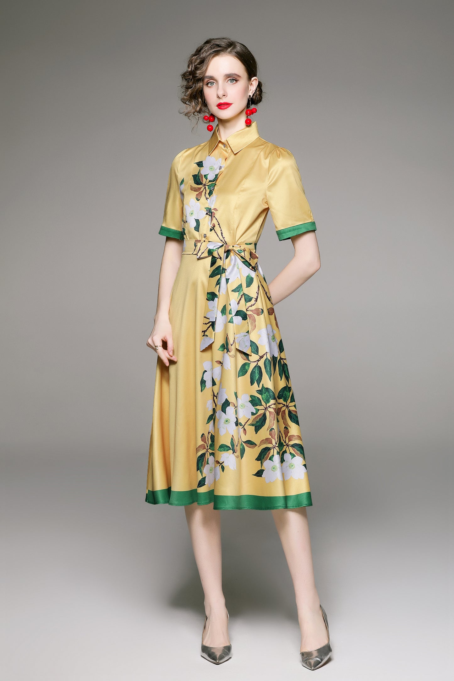 FSY-Women's Short Sleeve Floral Print Button Midi Dress