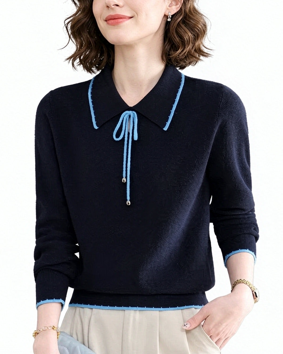 Contrast Trim Bow Collar Knit Top Long Sleeve Soft Sweater