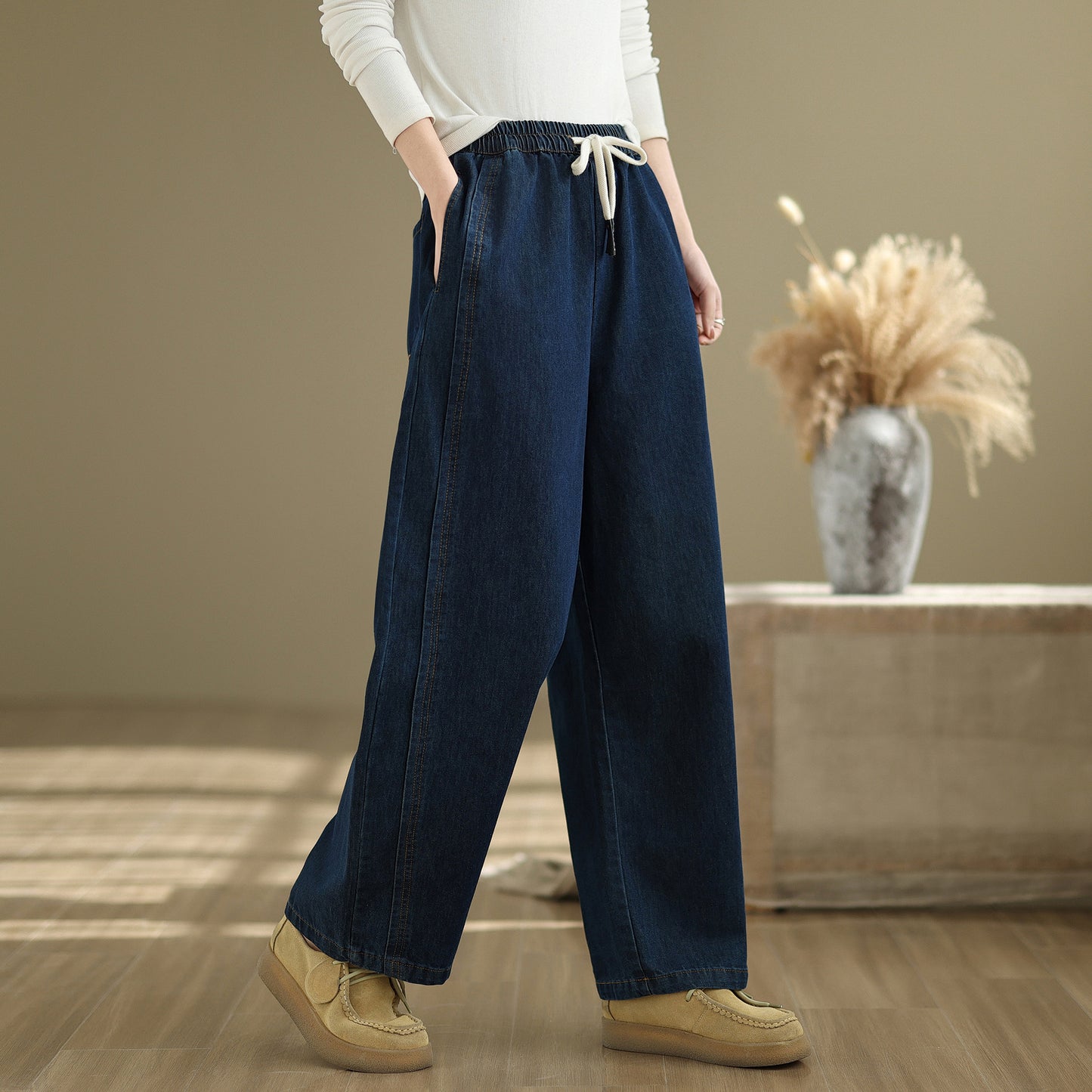 Women's Wide-Leg Jeans Elastic Waist Drawstring Pants