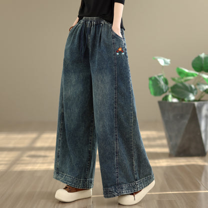 26-Women's Denim Wide Leg Baggy Elastic Waist  Jeans