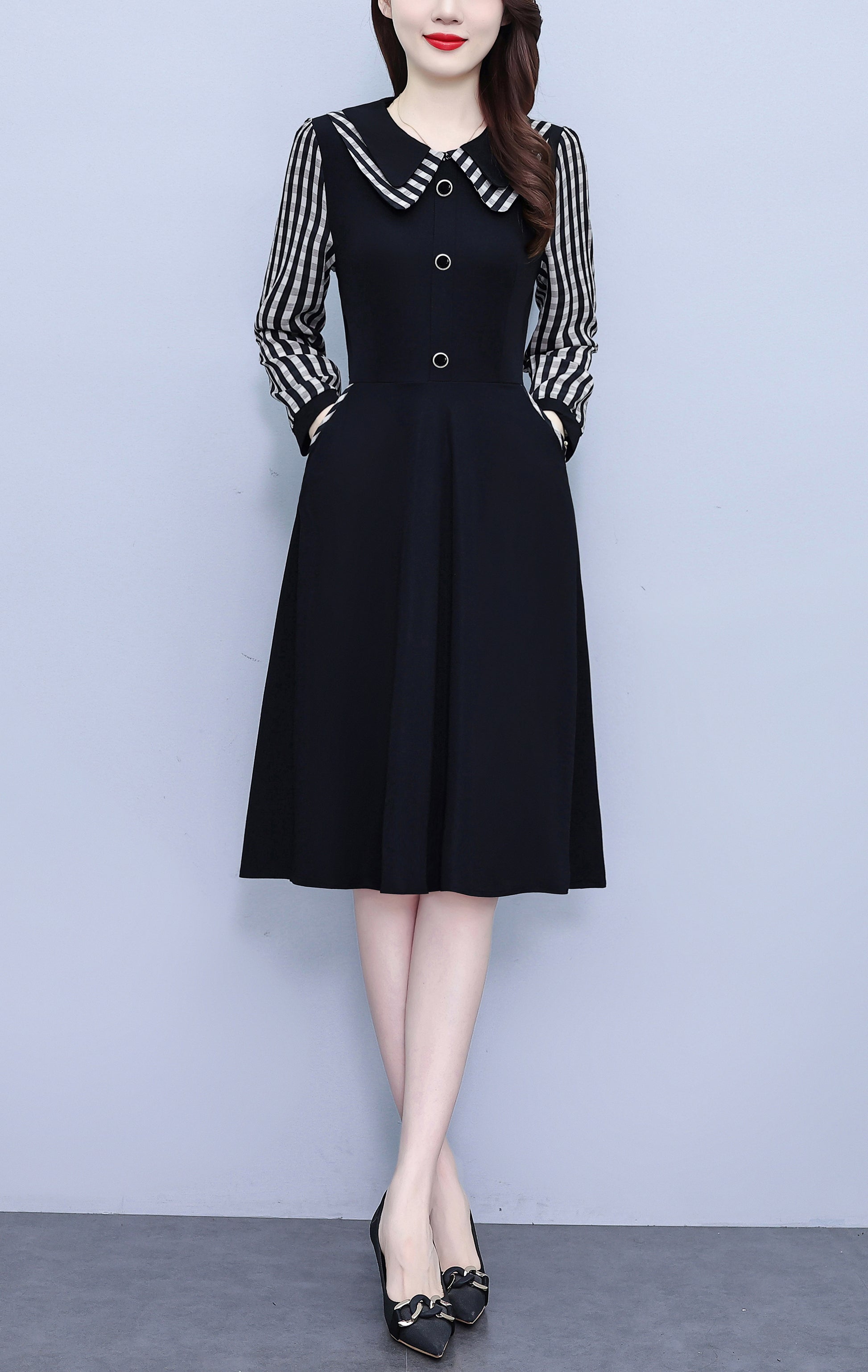Women's Peter Pan Collar Long Sleeve Black Dress with Pocket - LAI MENG FIVE CATS