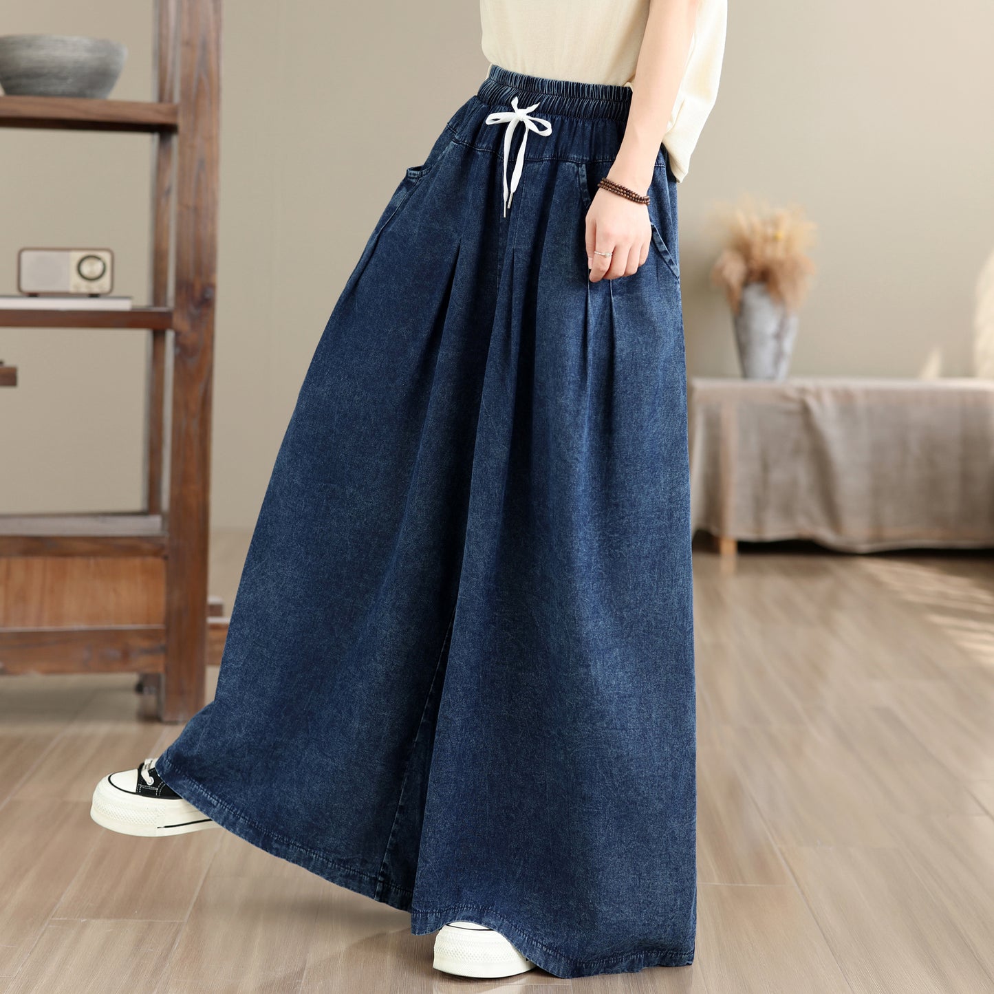 Vintage Loose Fit Drawstring High Waist Jeans Casual Wide Leg Pants