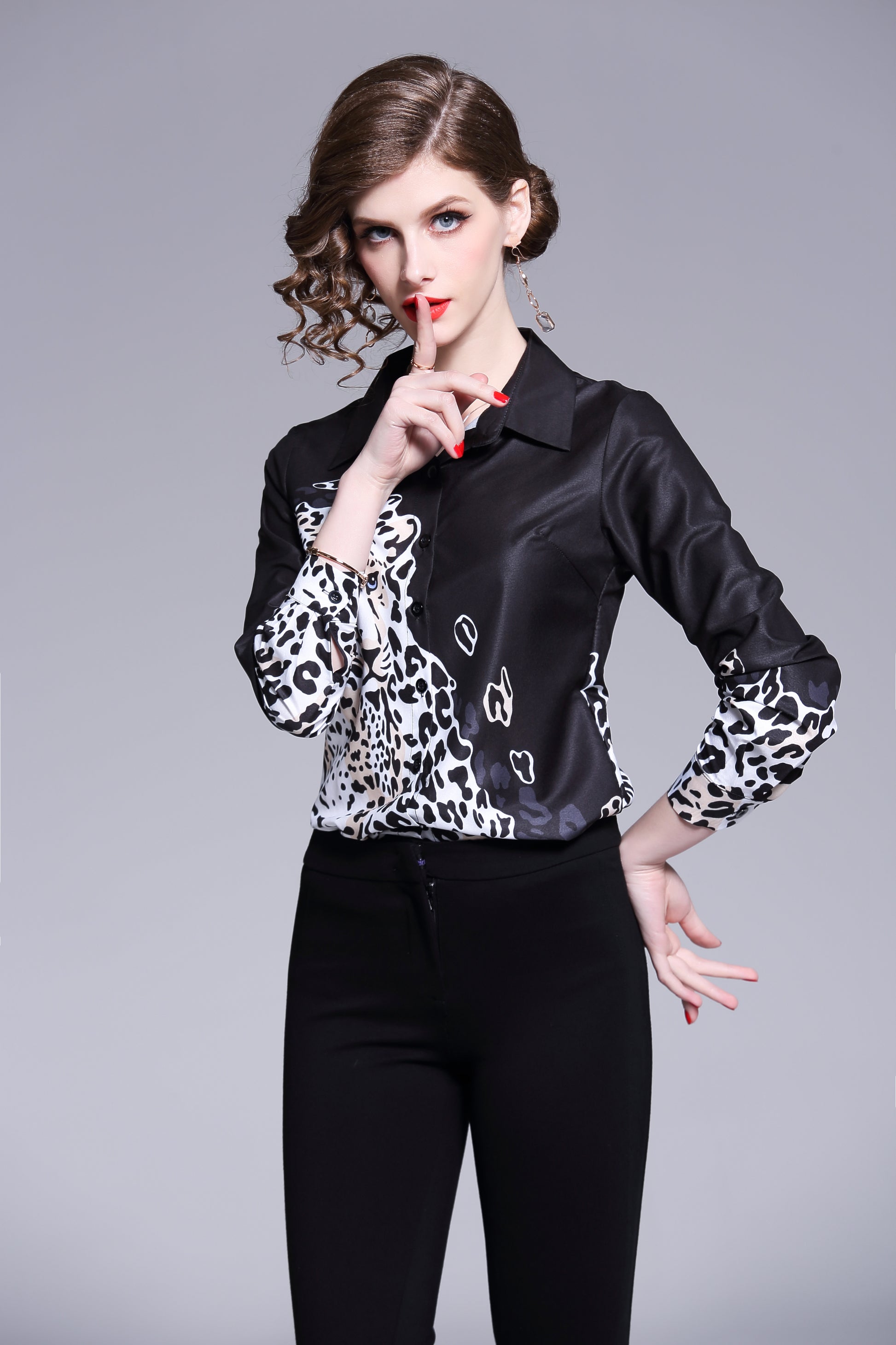 ESY-Women's Shirt Print Long Sleeve Button Blouse - LAI MENG FIVE CATS