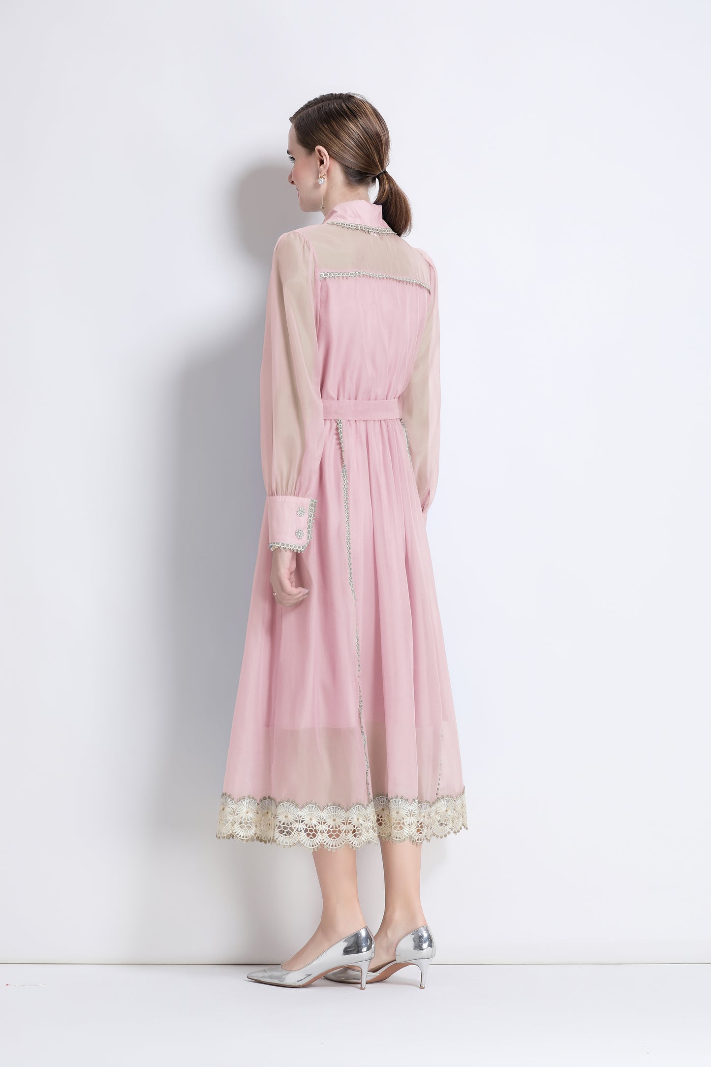 Women's Organza Lapel Neck Lace Midi Dress