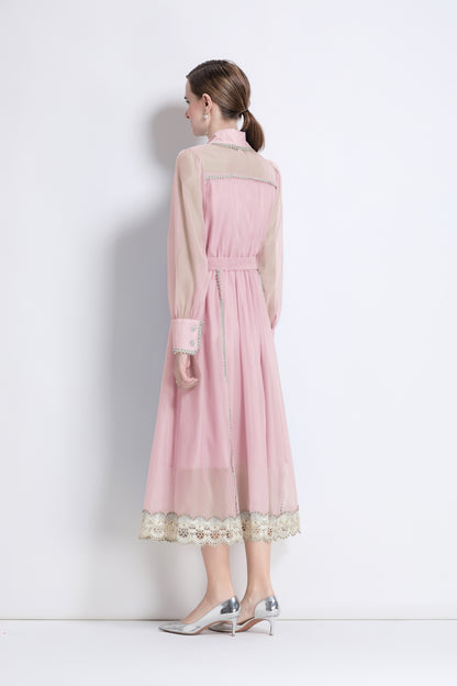 Women's Organza Lapel Neck Lace Midi Dress