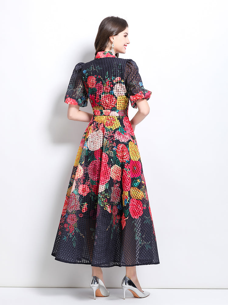 Oil painting flower print A-line dress