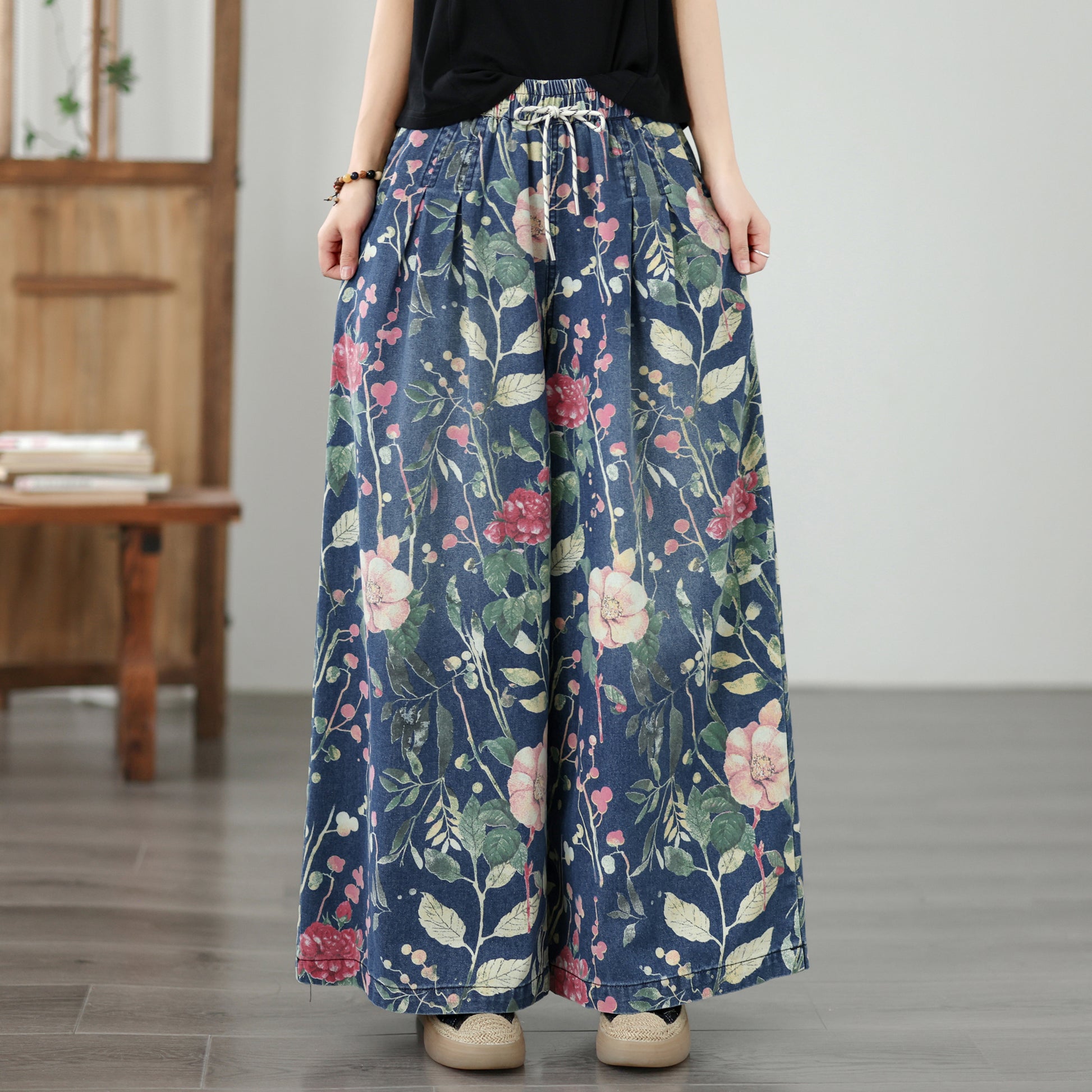 Women's Wide Leg Jeans Baggy Floral Wasited Elastic Pants - LAI MENG FIVE CATS