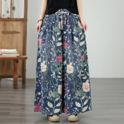 Women's Wide Leg Jeans Baggy Floral Wasited Elastic Pants - LAI MENG FIVE CATS