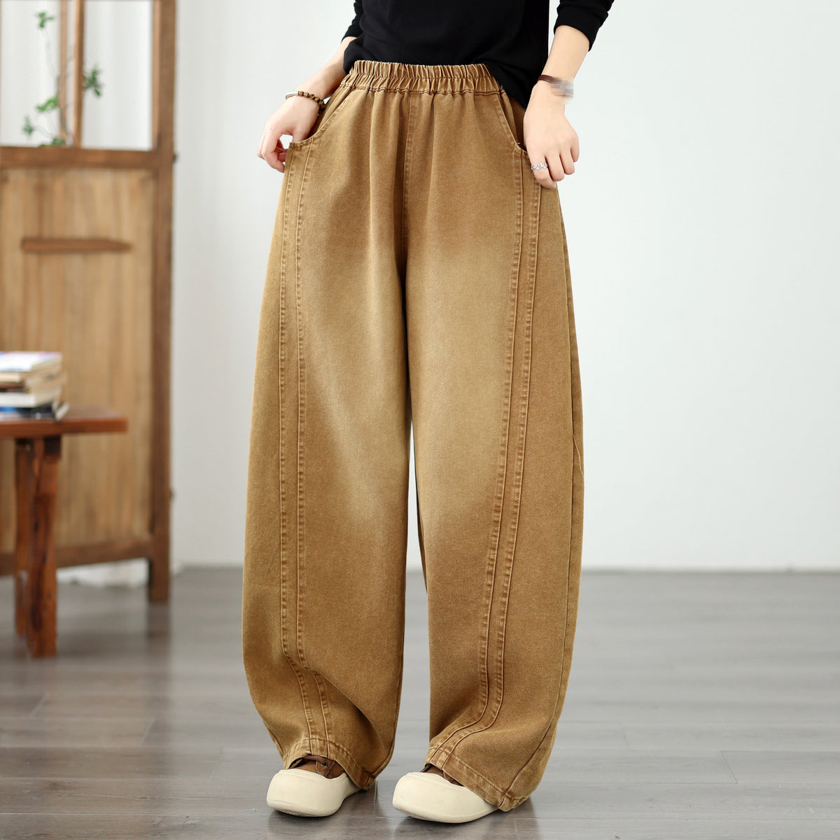Vintage Khaki Denim Barrel Pants | Wide-Leg Lantern Fit & Elastic Waist