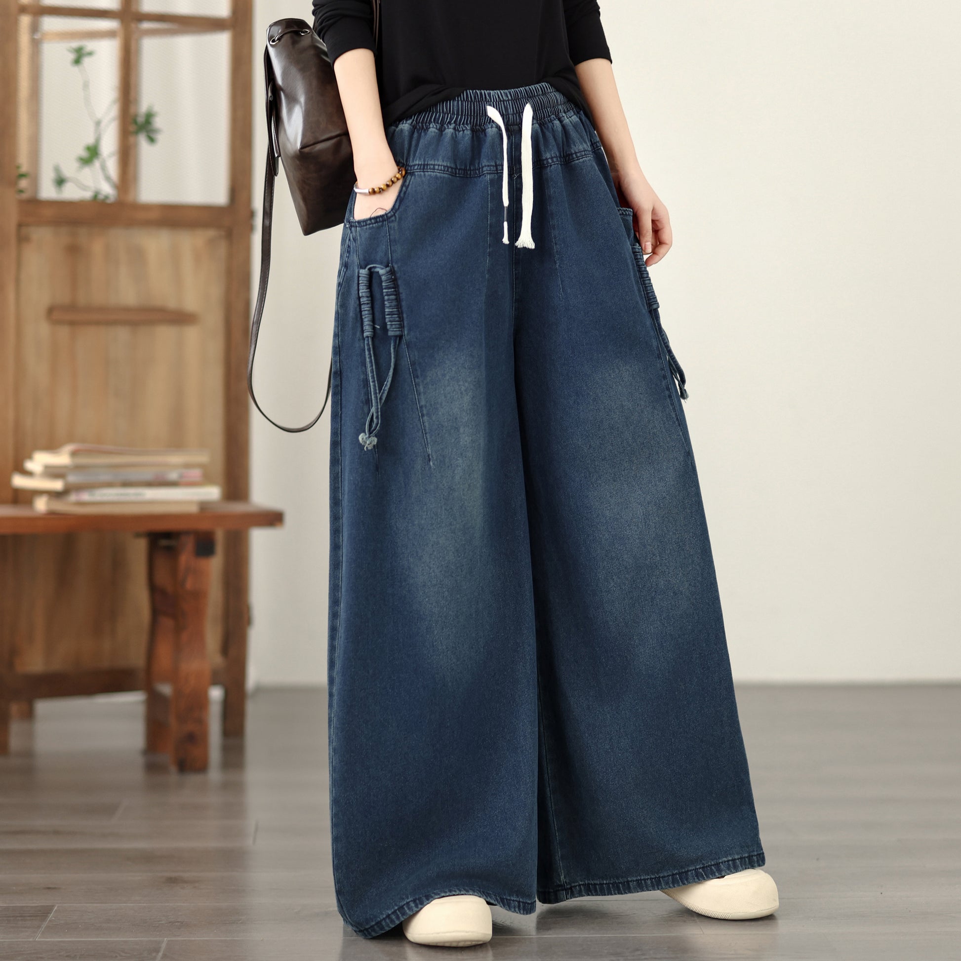 Jeans for Women Wide Leg Pull On Elastic Waist Denim - LAI MENG FIVE CATS