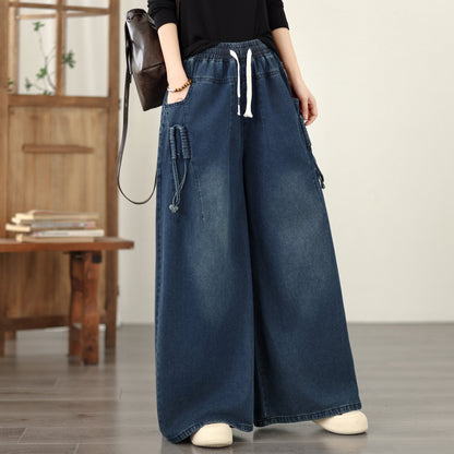 Jeans for Women Wide Leg Pull On Elastic Waist Denim - LAI MENG FIVE CATS