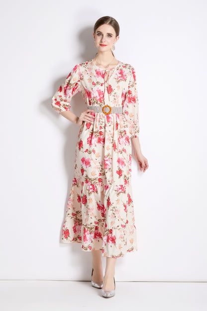 SSY-Women's Cutout Neck Floral Print 3/4 Sleeve Maxi Dress