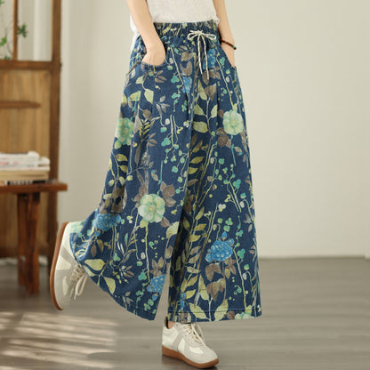 Women's Wide Leg Jeans Baggy Floral  Wasited Elastic Pants - LAI MENG FIVE CATS
