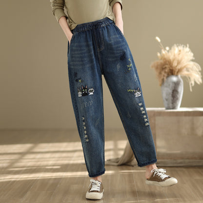 Women Jeans Denim Loose Pants Elastic Waist with Pocket