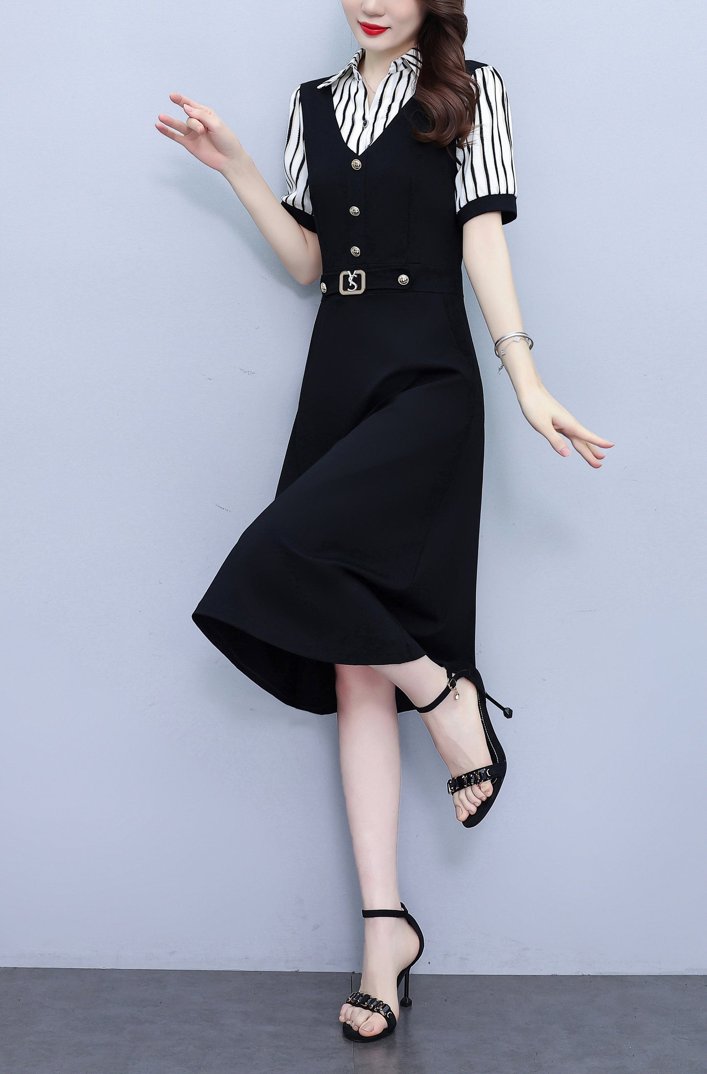 Women's Lapel V-Neck Pocket Short Sleeve Midi Dress - LAI MENG FIVE CATS