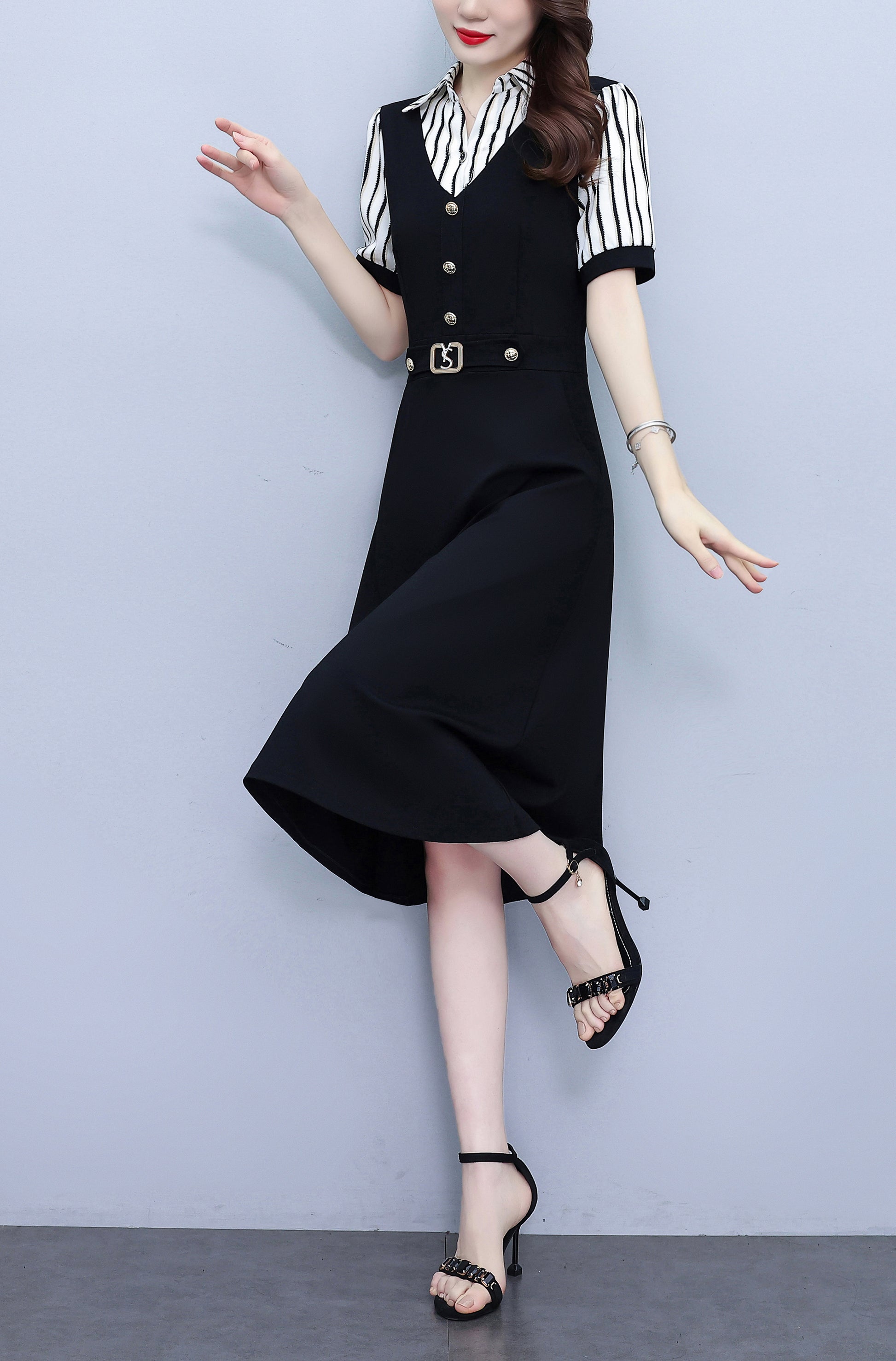 Women's Lapel V-Neck Pocket Short Sleeve Midi Dress - LAI MENG FIVE CATS