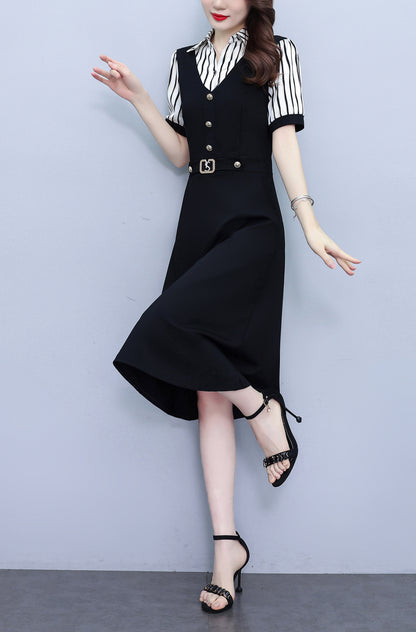 Women's Lapel V-Neck Pocket Short Sleeve Midi Dress - LAI MENG FIVE CATS