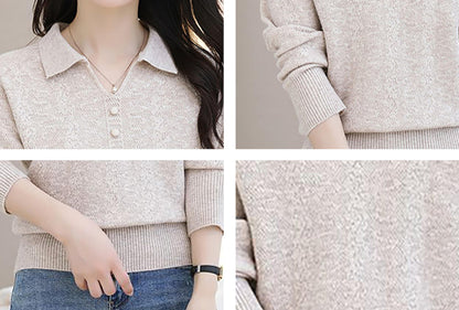 Women's Pink Polo Knit Top — V-Neck & Long Sleeve Ribbet Knitted