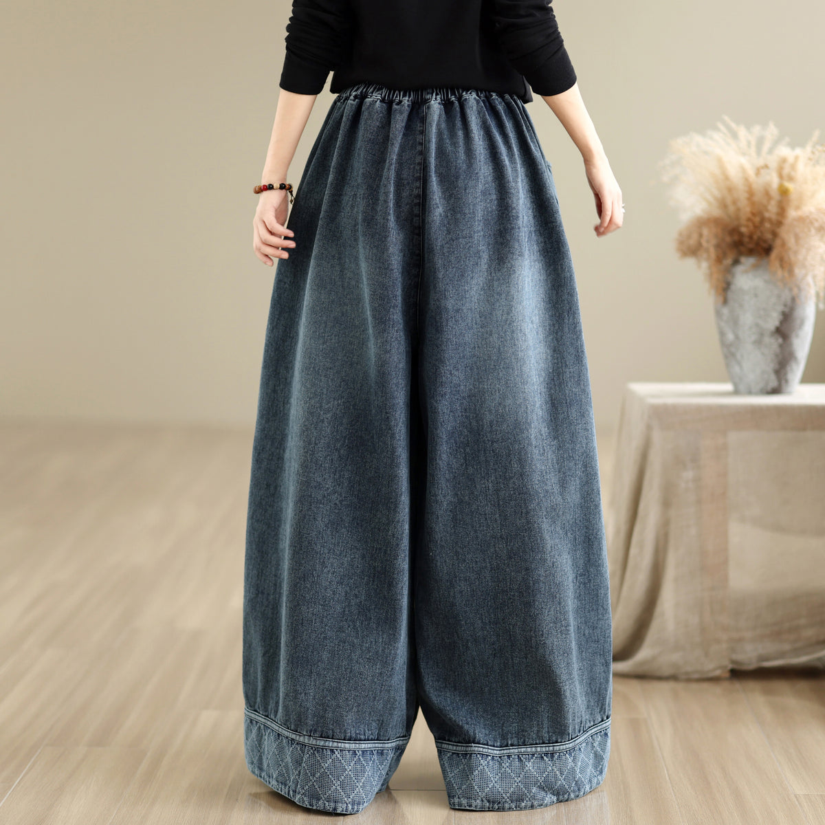 28666-Vintage Denim Wide Leg Palazzo Pants with Elastic Waist & Pockets