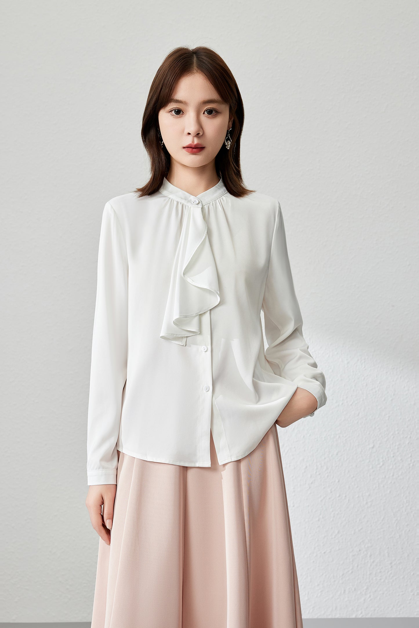 Women's Ruffle Shirt Tie Neck Long Sleeve Blouse - LAI MENG FIVE CATS
