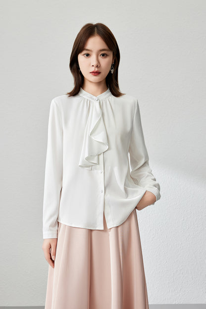 Women's Ruffle Shirt Tie Neck Long Sleeve Blouse - LAI MENG FIVE CATS