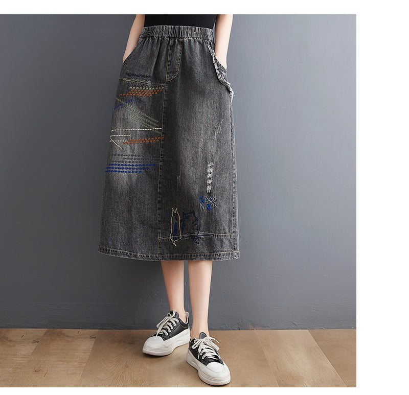Women's Denim Drawstring Waist Pockets Jean Skirt