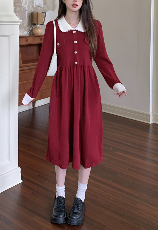 Women's Peter Pan Collar Ribbed Knit Sweater Midi Dress