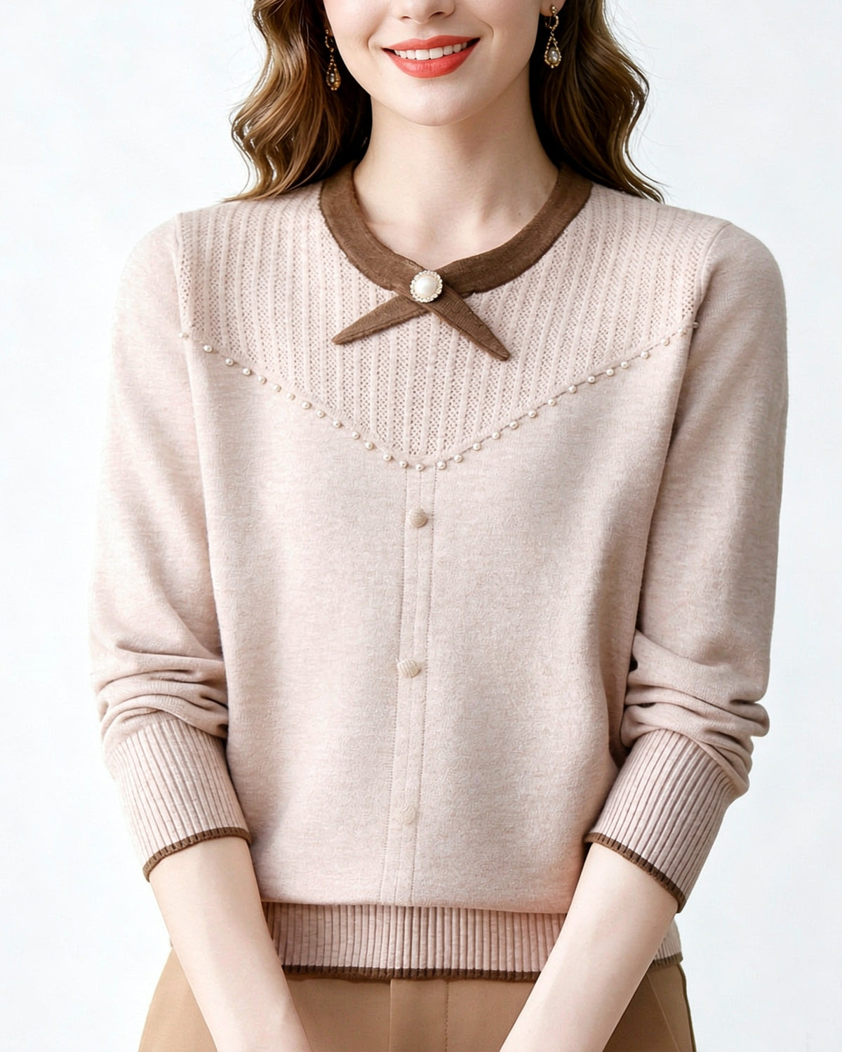 Elegant Pearl Long Sleeve Knit Sweater Pullover Top