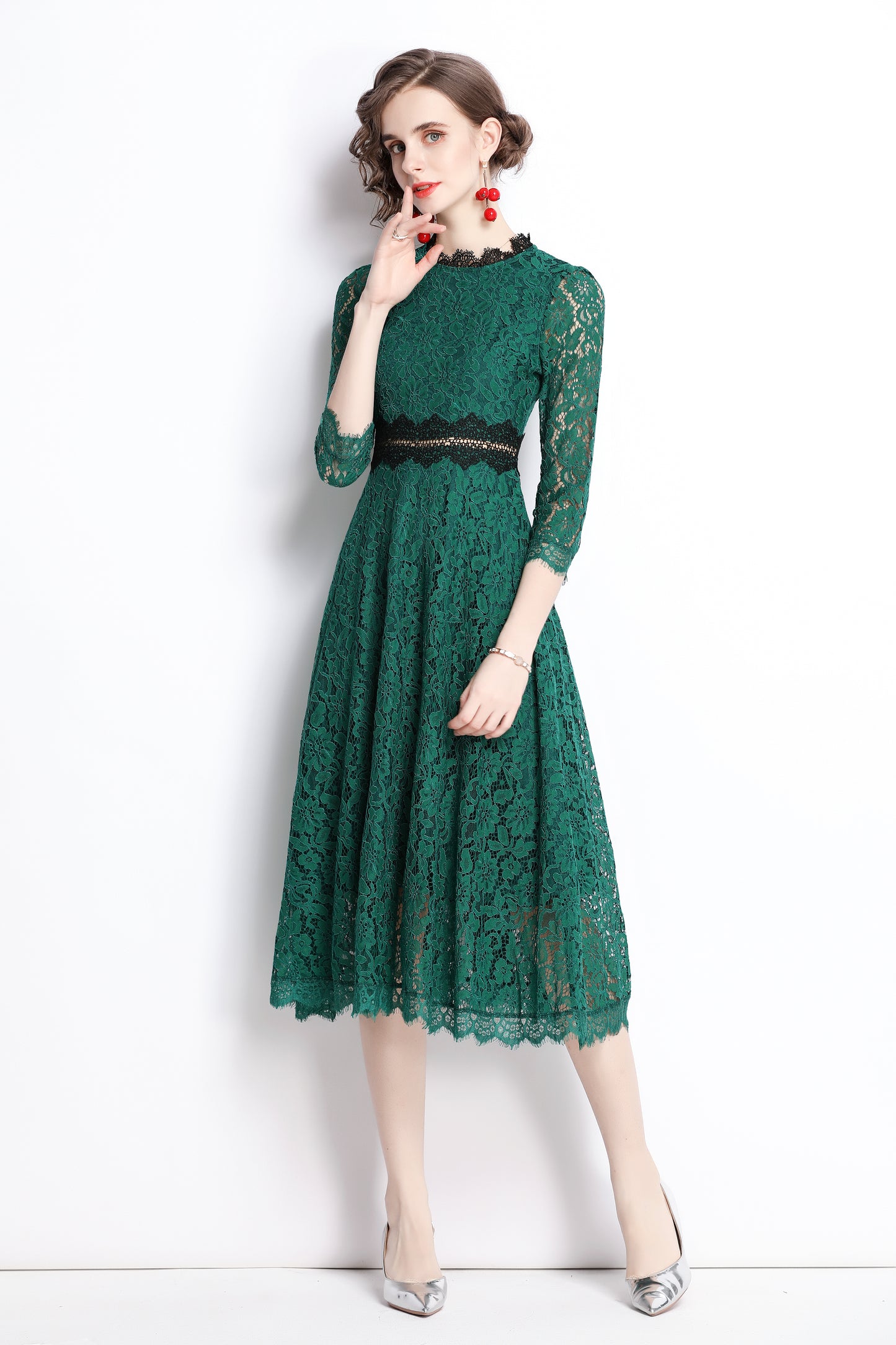 SSY-Women's 3/4 Sleeve Floral Lace Cocktail Midi Dress