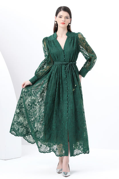 Women's V-Neck Lace Lantern Sleeve Mesh Maxi Dress