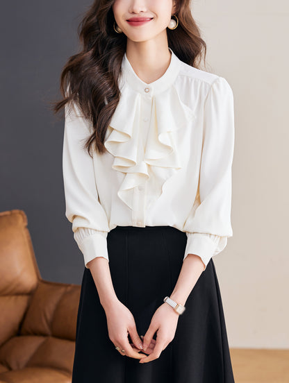 Title: Elegant Ruffle Front Blouse | Feminine Stand Collar Shirt