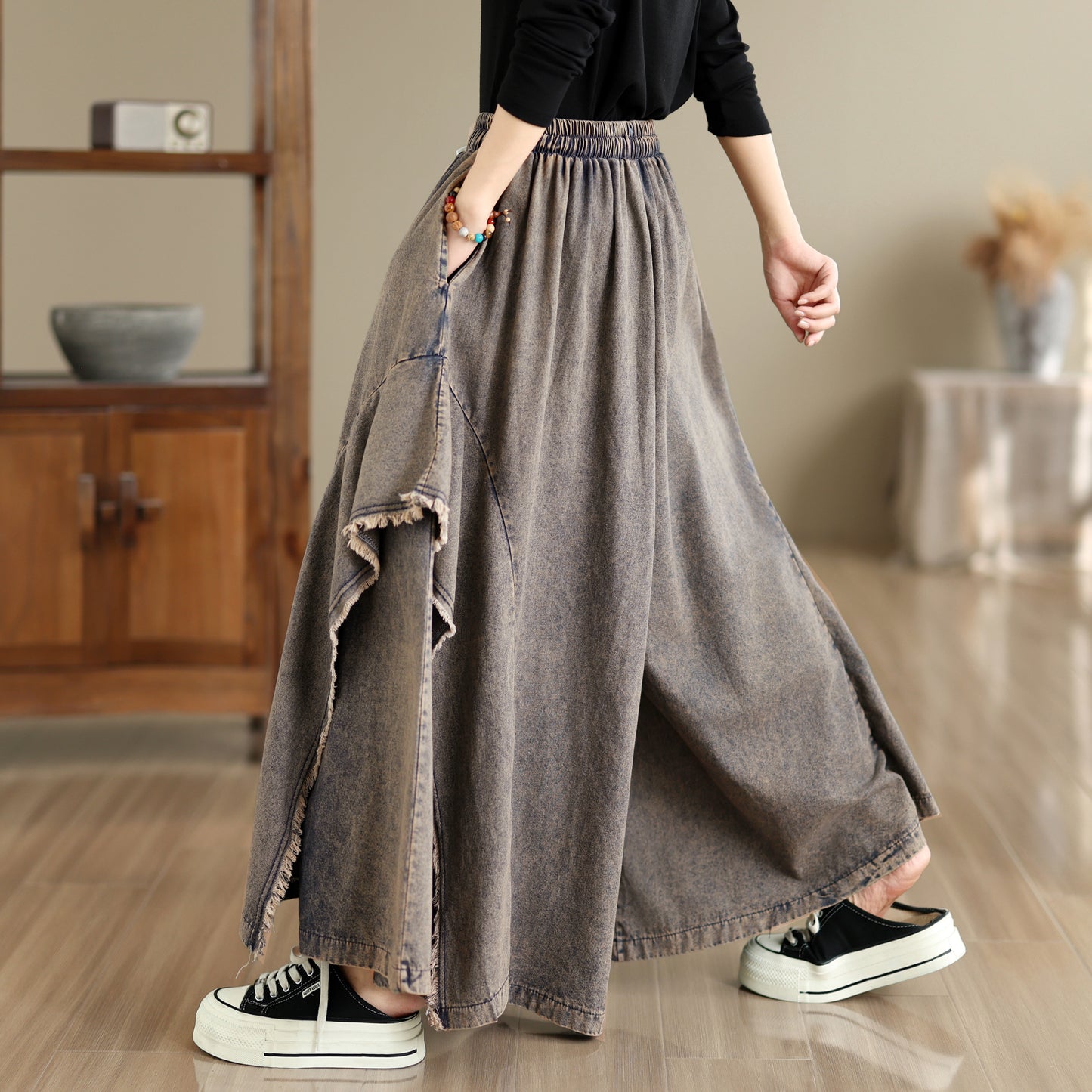 Women Loose Denim Skirt Pants Baggy Elastic Waist Casual Wide Leg Jeans