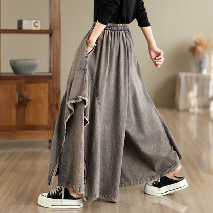 Women Loose Denim Skirt Pants Baggy Elastic Waist Casual Wide Leg Jeans