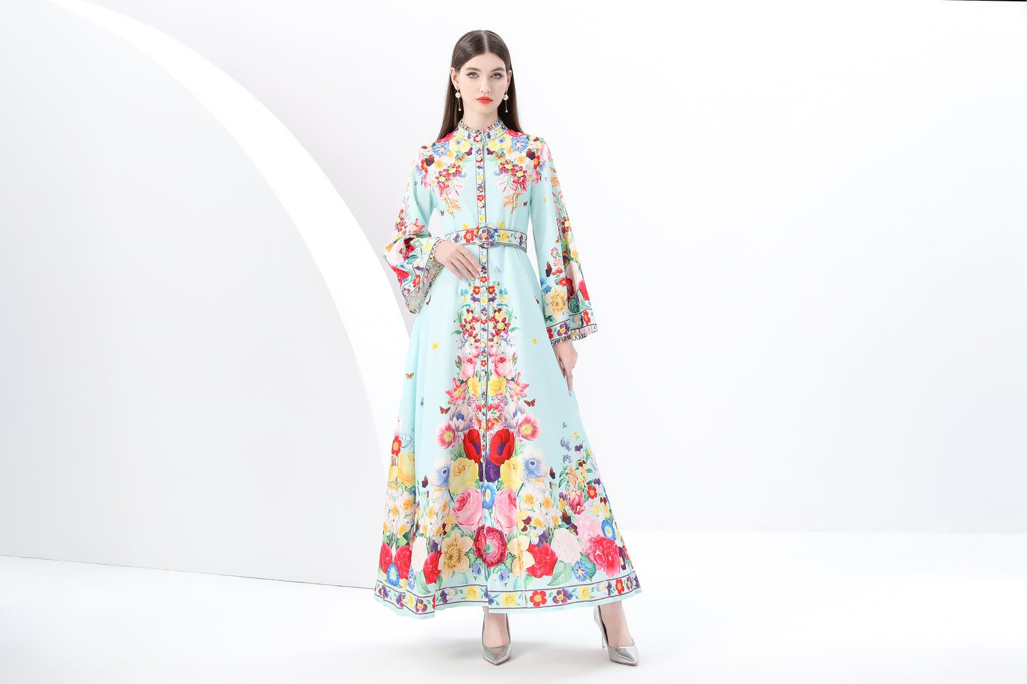 Women's Printed Button Flared Long Sleeves Maxi Dress