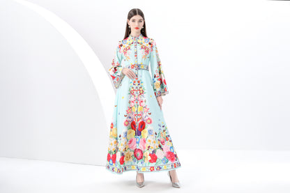 Women's Printed Button Flared Long Sleeves Maxi Dress