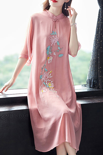 Women's Pink Embroidered Floral Midi Dress