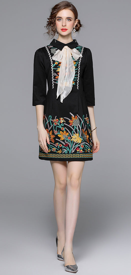 Black Embroidered Bow Tie Mini Dress – Vintage-Inspired Chic